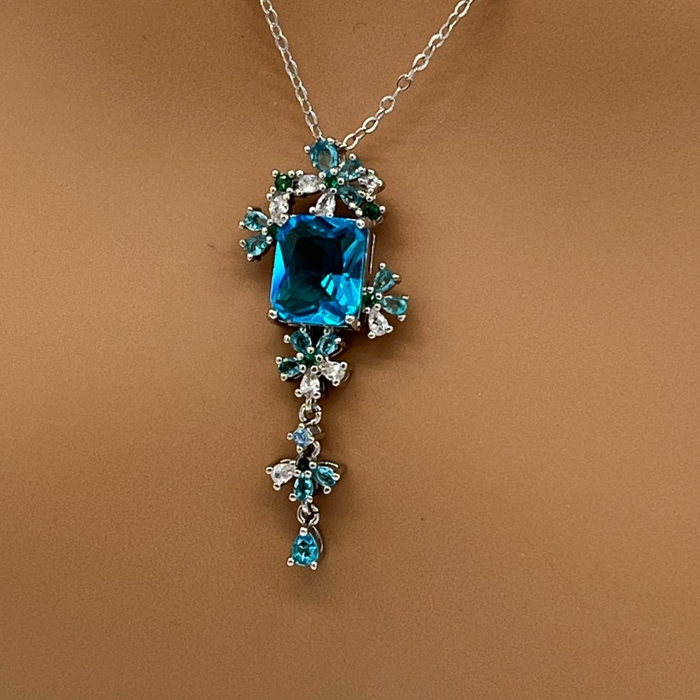 Blue CZ Floral Drop Silver Pendant Necklace